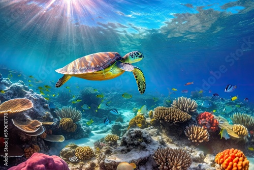 underwater scene with colorful coral reefs teeming with exotic fish, a sea turtl Fototapet