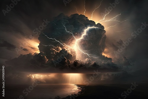 Large thundercloud with lightning over the sea. AI generated