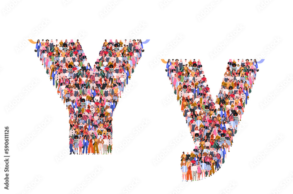 Large group of people in letter Y form. People standing together. A crowd of male and female characters. Flat vector illustration isolated on white background.
