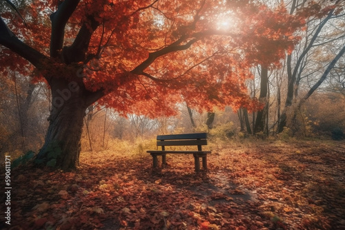 bench under tree with red yellow leaves in autumn cinematic Generative AI