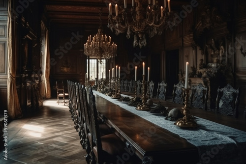 long dining table inside the castle and candlesticks on it cinematic Generative AI photo
