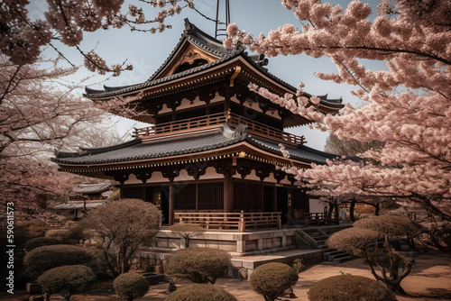 japanese temple and cherry blossom Generative AI