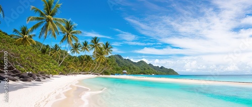 Paradise beach of a tropical island  palm trees  white sand  azure water  Generative AI.
