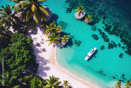 Paradise beach of a tropical island, palm trees, white sand, azure water. Drone view. Generative AI.