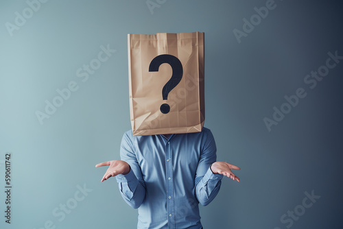 A businessman with a package on his head hid his head. Question mark, solution idea. Generative AI. photo