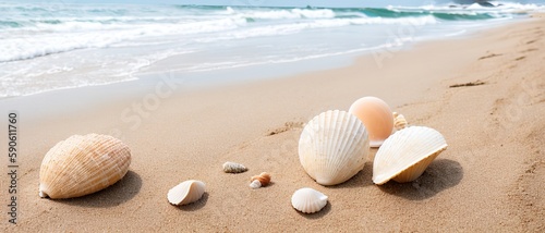 Seashells on the sand of the sea coastline. Generative AI.