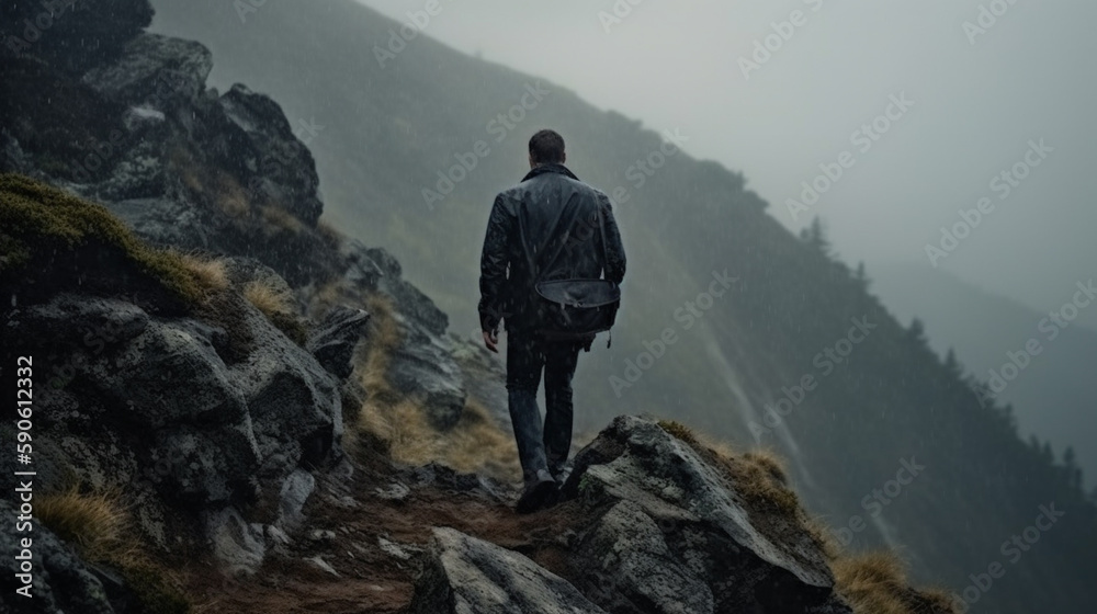 businessman Never giving up, strength and power. Man feeling determined climbing up a steep mountainside. back view. bad weather, rainy day