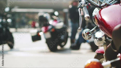 a lot of subculture bikers group meeting on a Sunny summer day on custom motorcycles and choppers, copy space. Biker lifestyle