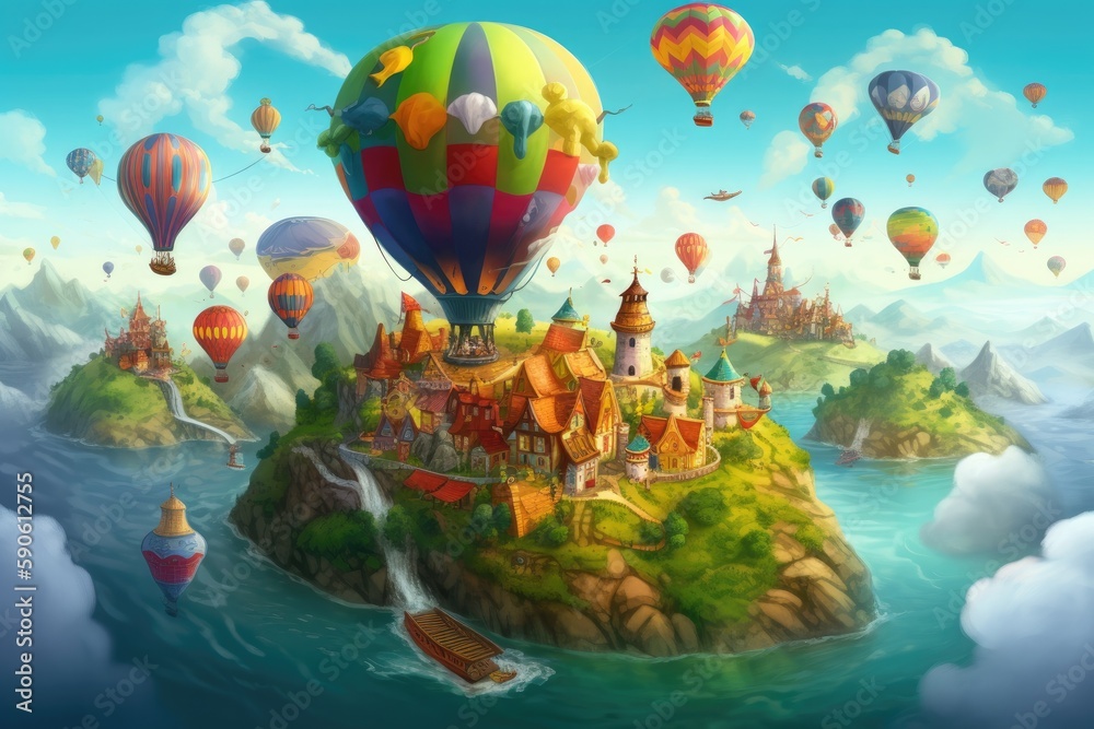 Fototapeta premium whimsical fantasy world with floating islands, colorful hot air balloons, and mythical creatures like dragons and unicorns, transporting you to a magical realm full of wonder - Generative AI