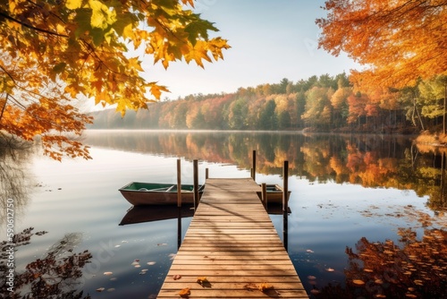serene lakeside scene with a wooden dock extending into calm waters, surrounded by trees displaying their vibrant fall foliage, and a canoe gliding peacefully on the surface, autumn - Generative AI