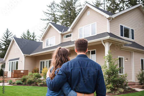 Young family looking at their new home standing with their backs, real estate purchase, investment, Generative AI.