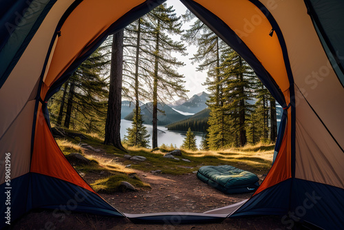 Scenic view from the tourist tent. Active recreation, hiking in nature. Generative AI.