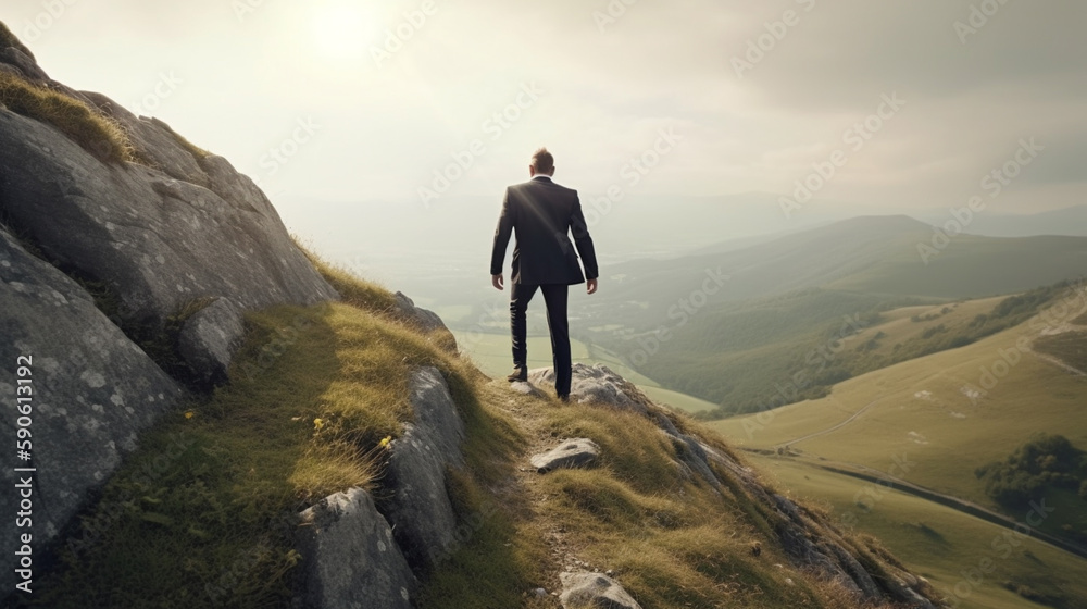 businessman Never giving up, strength and power. Man feeling determined climbing up a steep mountainside Generative AI