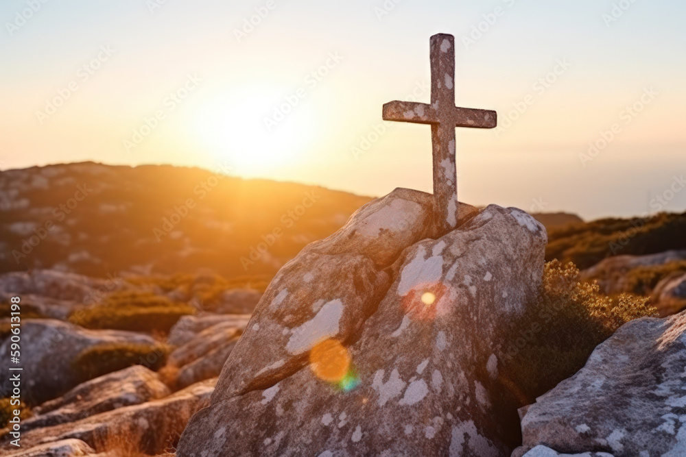 stone cross and god light at sunrise in the rock generative ai stone cross and god light at sunrise in the rock generative ai