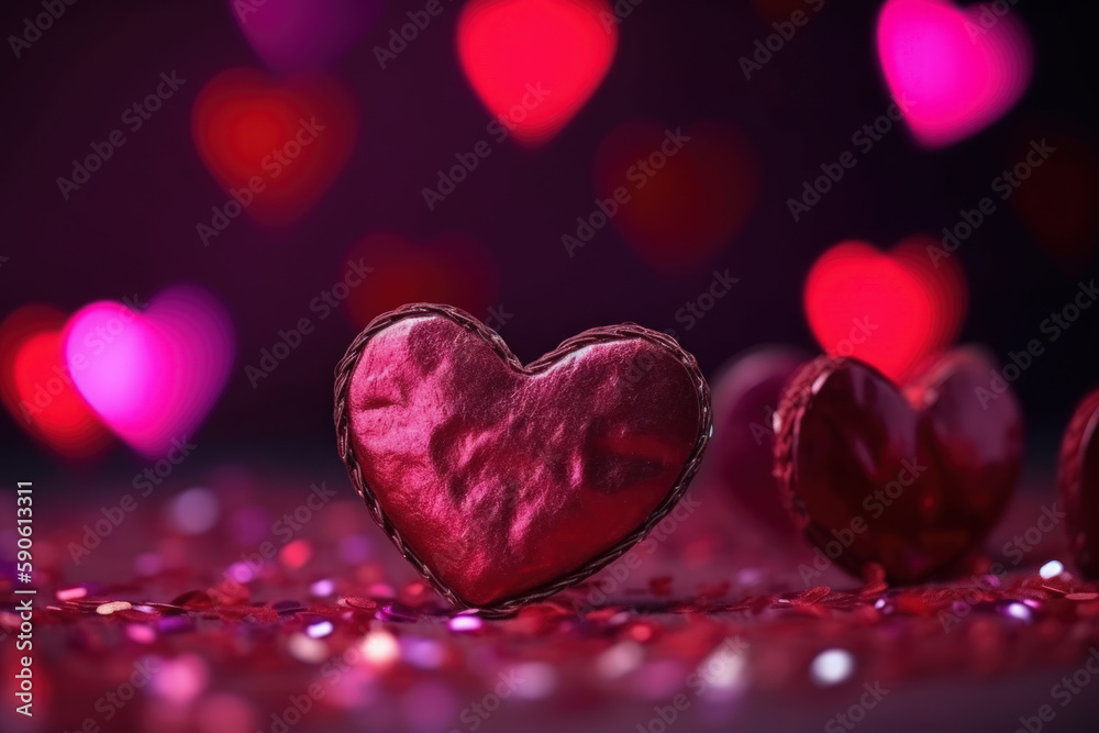 purple red hearts with bokeh, symbol love valentines background generative ai