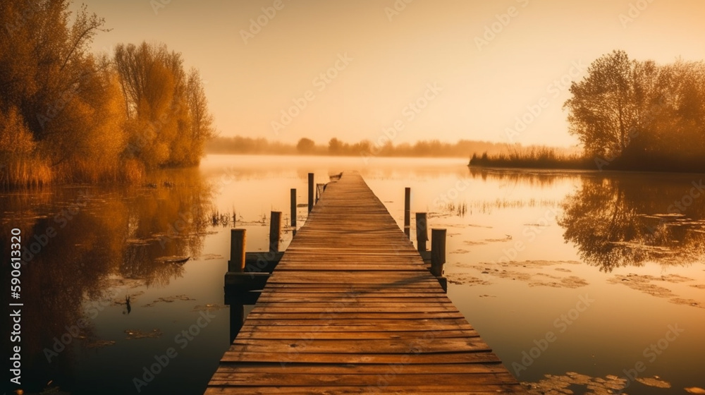 Obraz premium Wooden pier on the lake golden hours Generative AI