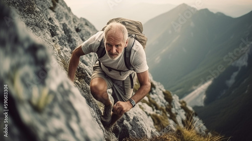 People Never giving up, strength and power. Man feeling determined climbing up a steep mountainside