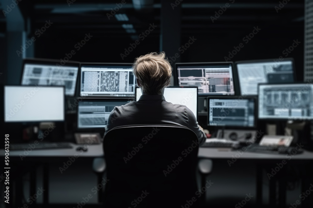 man work with video editor works behind multiple monitors generative ai man work with video editor works behind multiple monitors generative ai