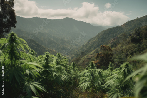 mountain marijuana plantation, cannabis outdoor growing generative ai © Poter