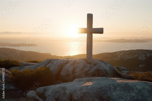 stone cross and god light at sunrise in the rock generative ai