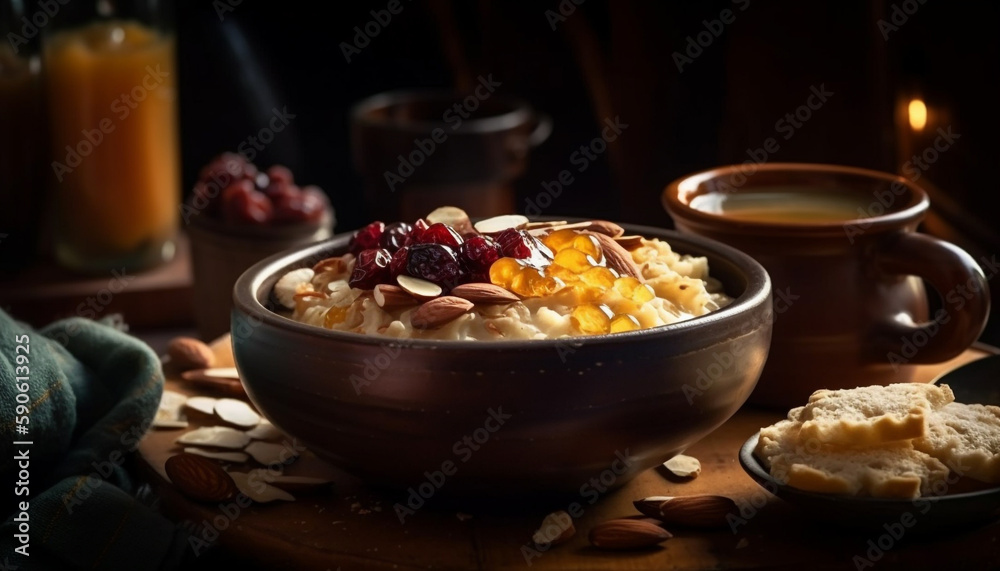 Organic oatmeal dessert with fresh berries and honey generated by AI Organic oatmeal dessert with fresh berries and honey generated by AI