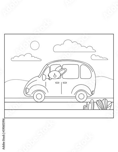  landscape coloring page with bunny in the car 