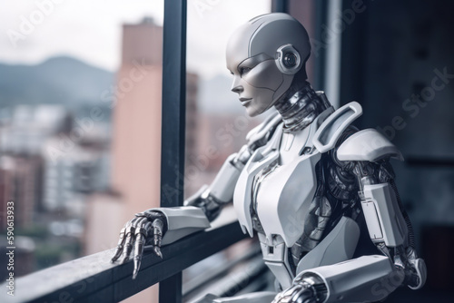 futuristic female robot cyborg on the balcony of high-rise building, generative ai