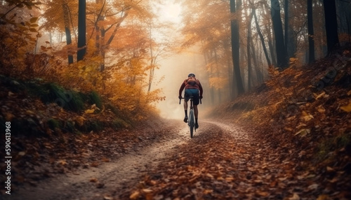 Men and women cycling through autumn forest generated by AI
