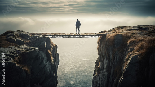 Man about to walk over precipice on SUCCESS word bridge Generative AI