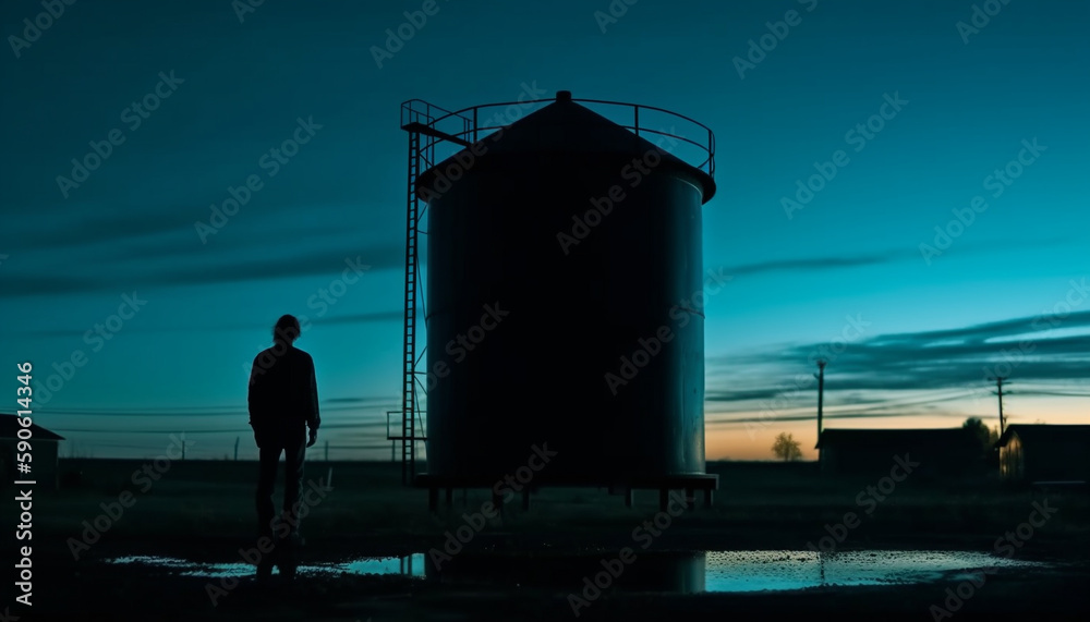 Obraz premium Silhouette of businessman standing near fuel storage tank generated by AI