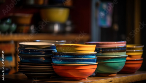 Multi colored crockery stacked on kitchen shelf generated by AI