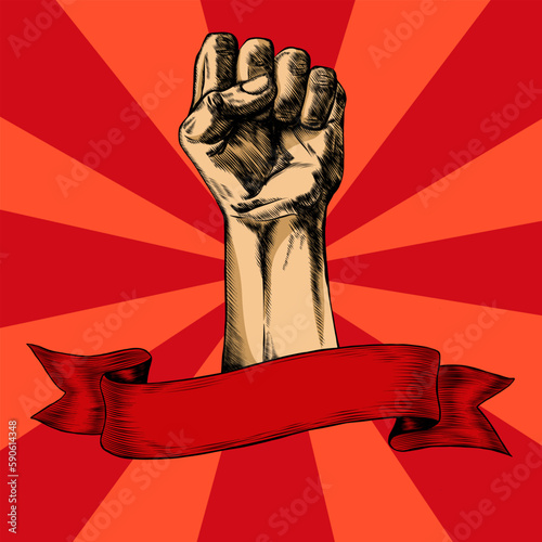 Raised hand with clenched fist poster. Mayday vector illustration. Vintage design, protest, revolution, people power, demonstration, victory, symbol