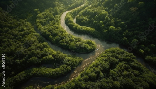 Green landscape with trees near flowing water generated by AI