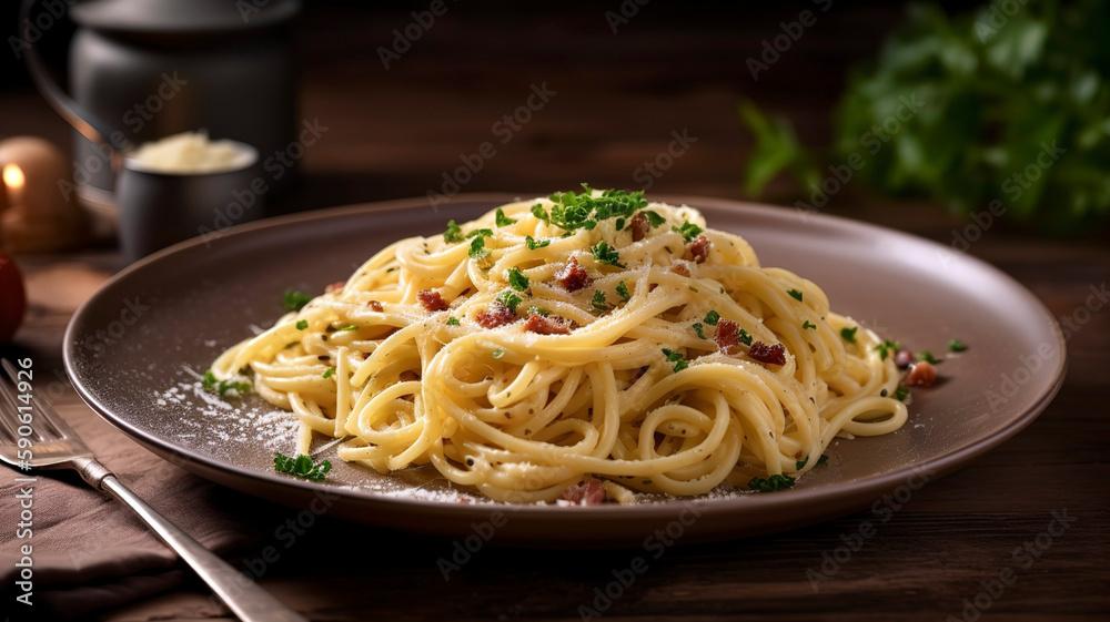 Close-up of a plate of delicious pasta carbonara, garnished with grated parmesan cheese and fresh parsley, set on a rustic table. Close-up of a plate of delicious pasta carbonara, garnished with grated parmesan cheese and fresh parsley, set on a rustic table.