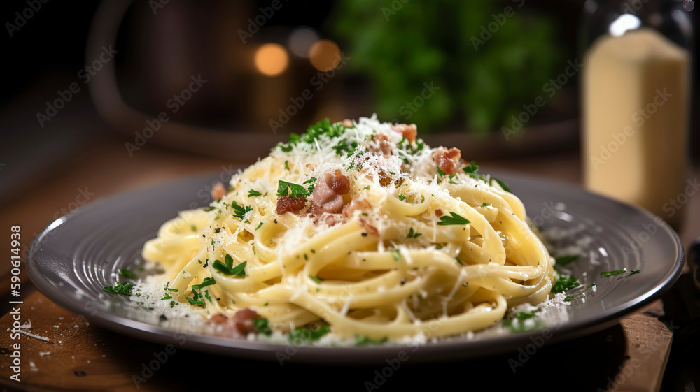 Close-up of a plate of delicious pasta carbonara, garnished with grated parmesan cheese and fresh parsley, set on a rustic table.