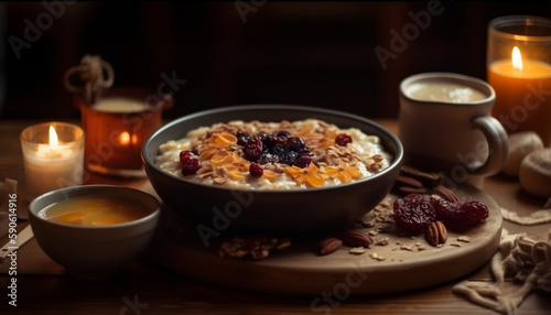 Homemade granola with milk and mixed berries generated by AI