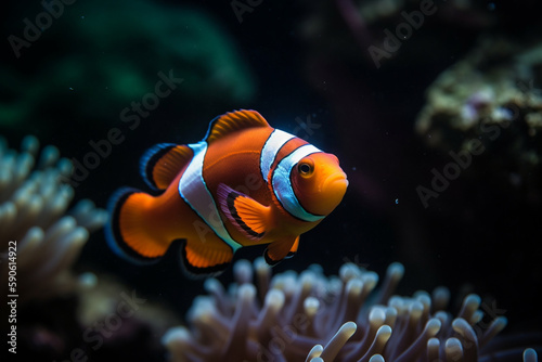 clown fish swimming alone underwater Generative AI © Bora