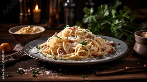 Close-up of a plate of delicious pasta carbonara, garnished with grated parmesan cheese and fresh parsley, set on a rustic table.
