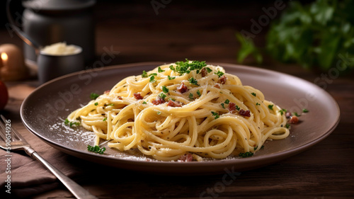 Close-up of a plate of delicious pasta carbonara, garnished with grated parmesan cheese and fresh parsley, set on a rustic table.
