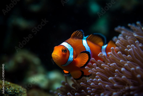 clown fish swimming alone underwater Generative AI