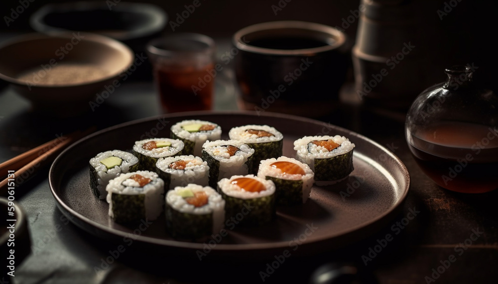 Fresh sushi rolls, soy sauce on plate generated by AI