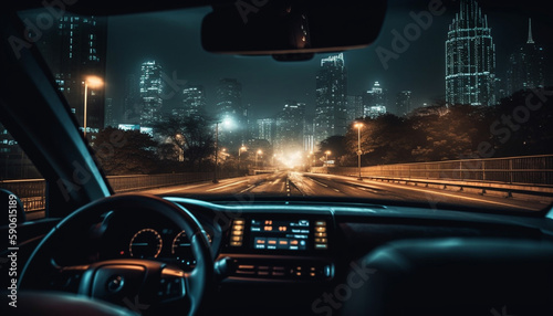 Land vehicle speeds through illuminated cityscape at dusk generated by AI