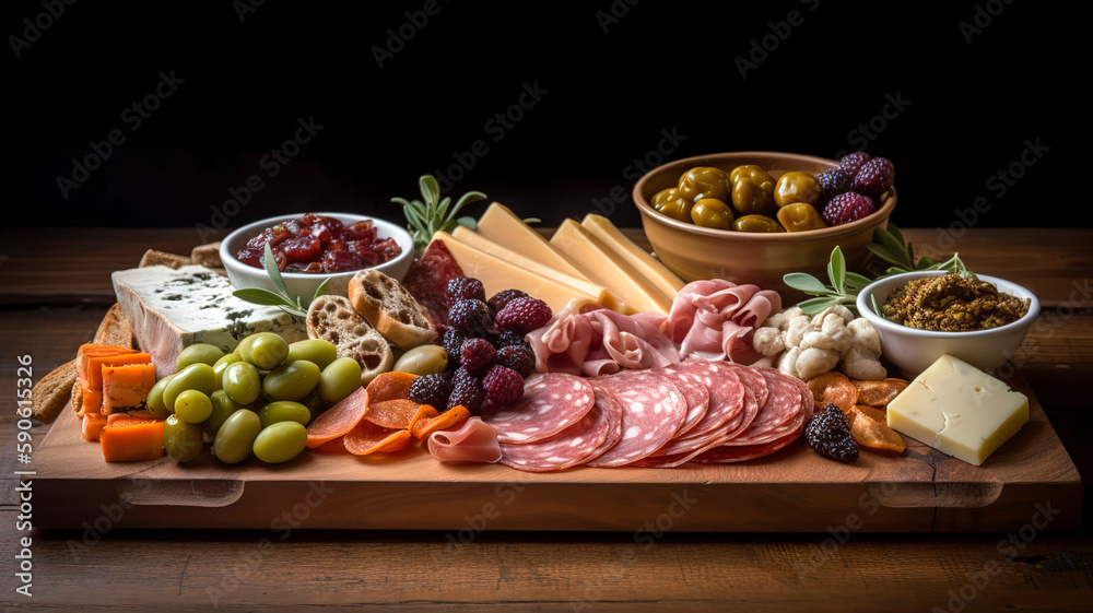 Beautifully arranged charcuterie platter with cured meats, olives, pickles, and artisan bread, set on a wooden cutting board. Beautifully arranged charcuterie platter with cured meats, olives, pickles, and artisan bread, set on a wooden cutting board.