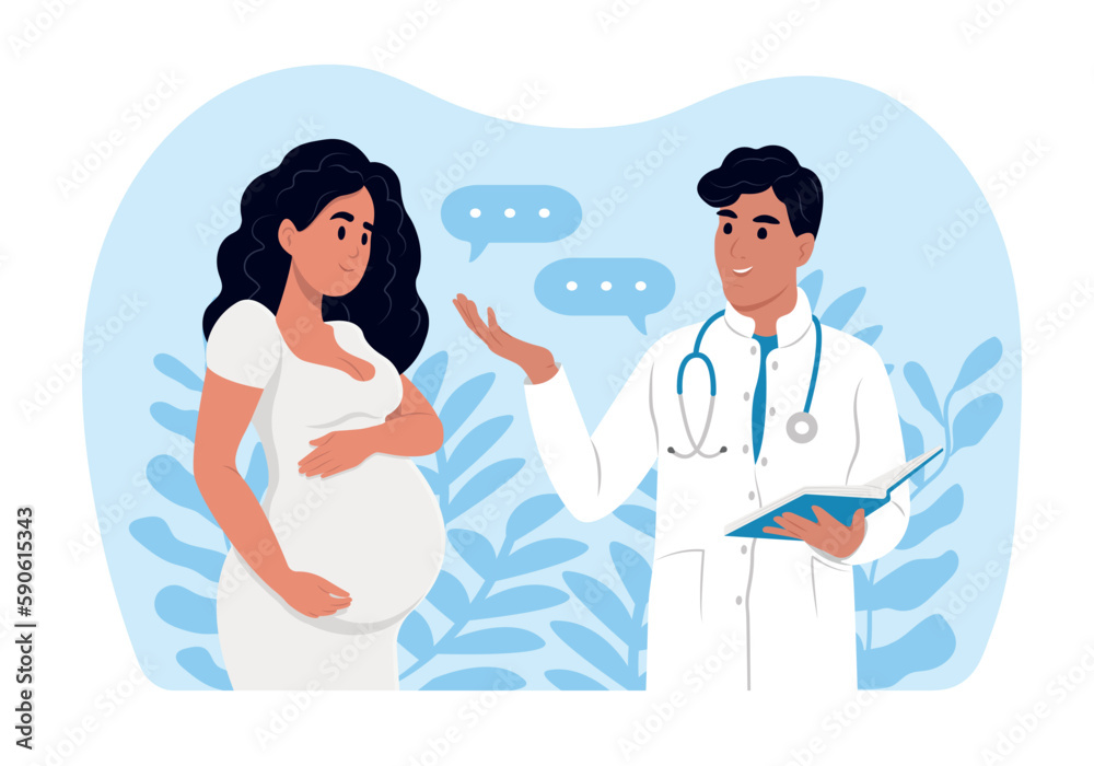 A pregnant woman is talking to an obstetrician gynecologist. A woman expecting a baby visits the doctors office, examination during pregnancy. Consultation and examination during pregnancy concept. A pregnant woman is talking to an obstetrician gynecologist. A woman expecting a baby visits the doctors office, examination during pregnancy. Consultation and examination during pregnancy concept.