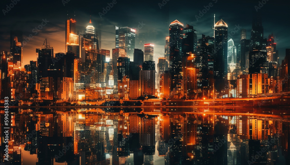 Fototapeta premium Illuminated skyline glows over crowded waterfront casino generated by AI