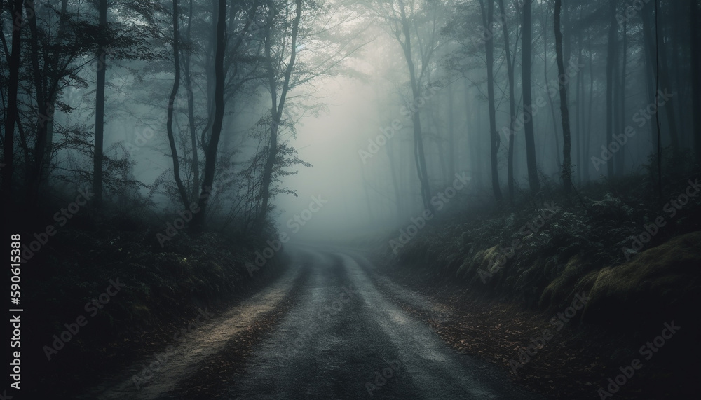 Vanishing point leads to dark, spooky forest generated by AI Vanishing point leads to dark, spooky forest generated by AI