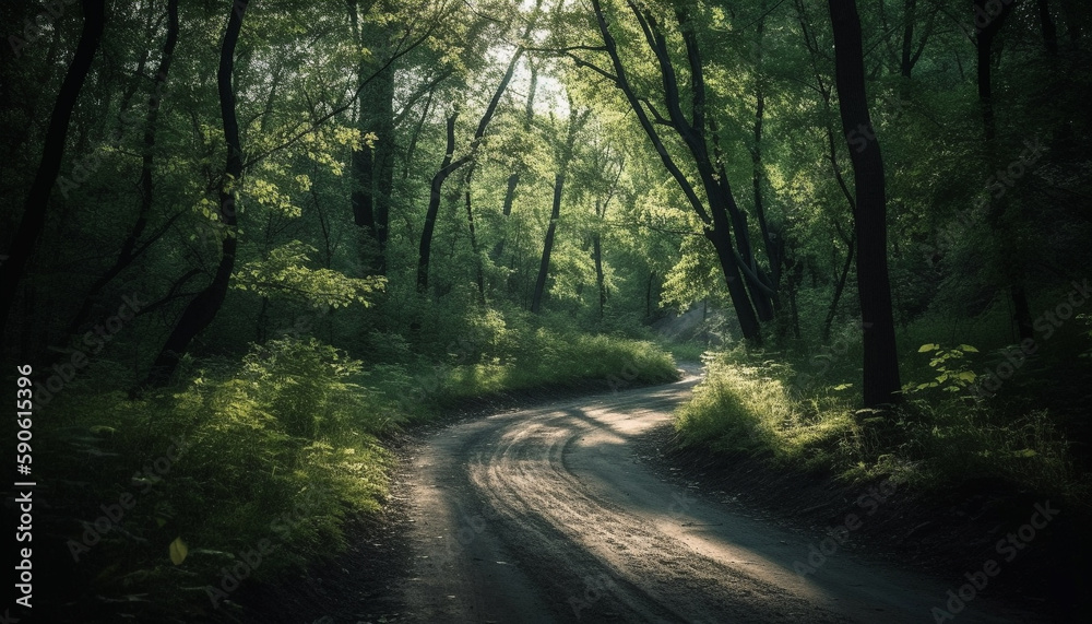 Green trees line the winding country road generated by AI Green trees line the winding country road generated by AI