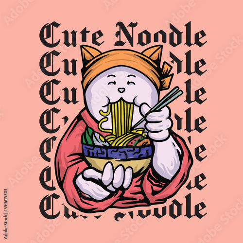 Illustration Cute baby cat eating ramen noodles vector