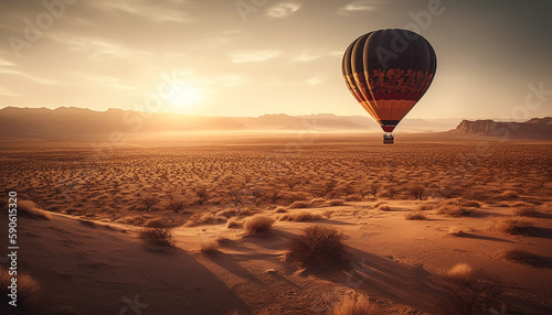 Hot air balloon soars over stunning dawn landscape generated by AI