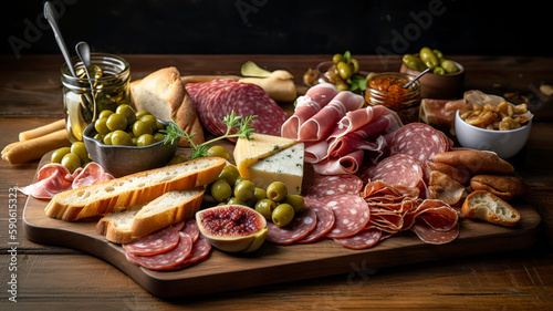 Fotografia Beautifully arranged charcuterie platter with cured meats, olives, pickles, and artisan bread, set on a wooden cutting board
